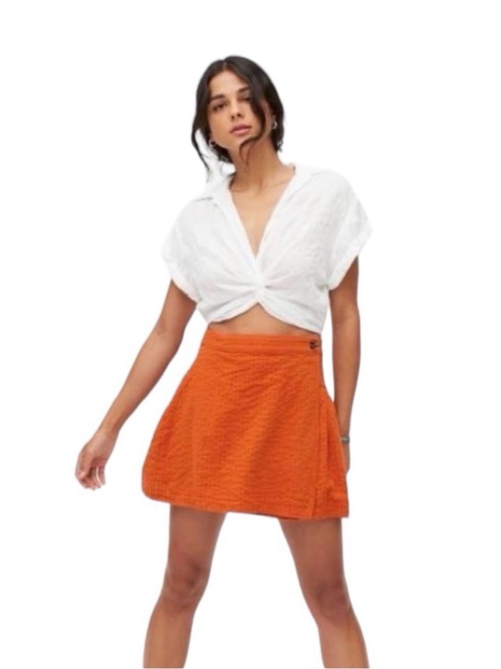 Urban Outfitters Seersucker Wrap Mini Skirt Large Orange Coastal Y2K Linen NWT
